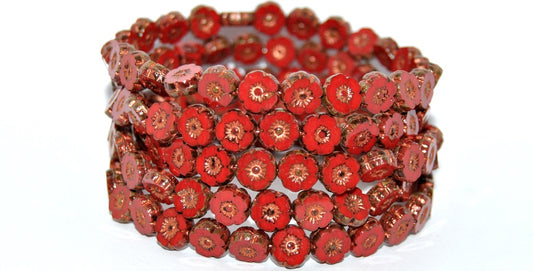 Table Cut Round Beads Hawaii Flowers, Opaque Red 86 Copper Lined (93200-86-54200), Glass, Czech Republic
