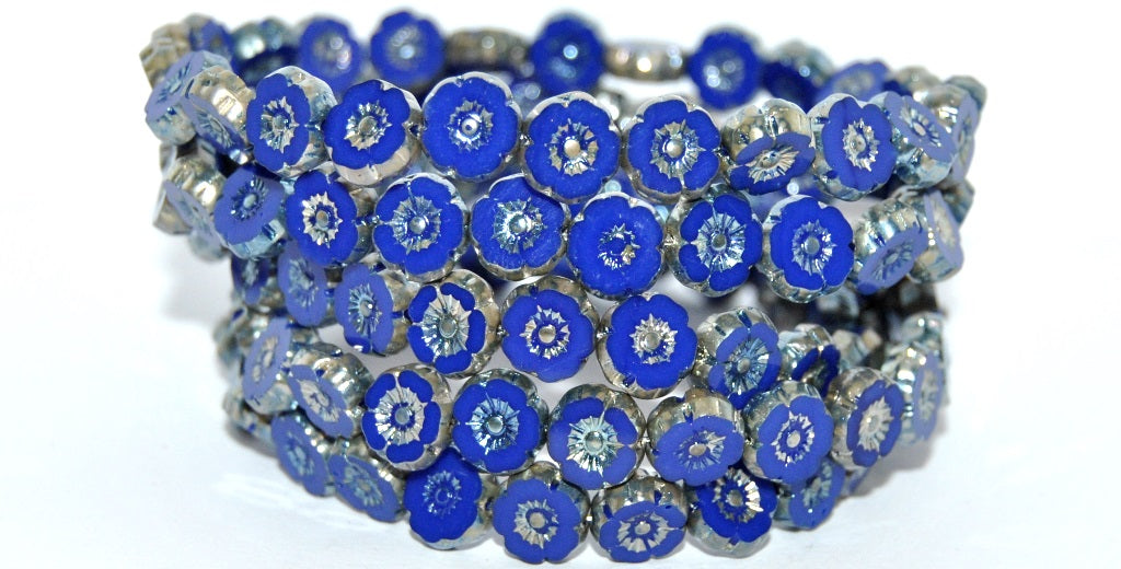 Table Cut Round Beads Hawaii Flowers, Rich Blue Rembrandt Travertin (33060-43500), Glass, Czech Republic