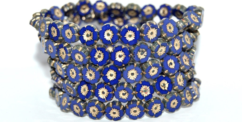 Table Cut Round Beads Hawaii Flowers, Rich Blue 86 Gold Lined (33060-86-54202), Glass, Czech Republic