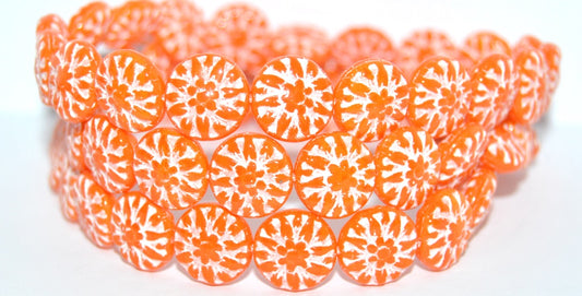 Round Flower Edelweiss Pressed Glass Beads, Deep Orange  White Lined (93140-46401), Glass, Czech Republic