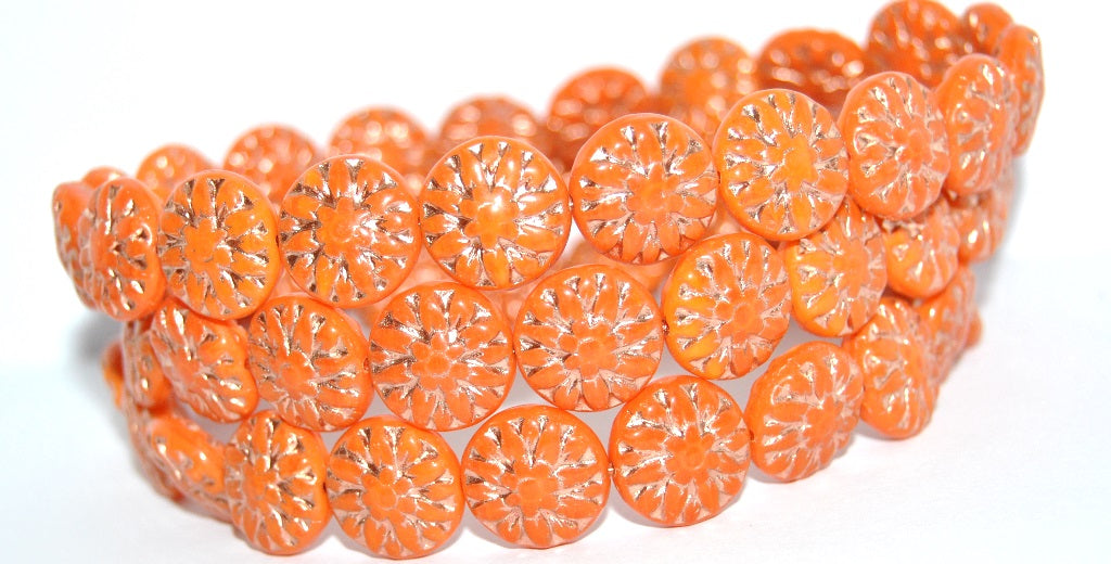 Round Flower Edelweiss Pressed Glass Beads, Deep Orange  Copper Lined (93140-54200), Glass, Czech Republic