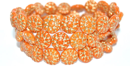 Round Flower Edelweiss Pressed Glass Beads, Deep Orange  Gold Lined (93140-54202), Glass, Czech Republic