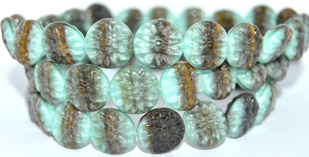 Round Flower Edelweiss Pressed Glass Beads, Mix Gray Mint (475149125), Glass, Czech Republic