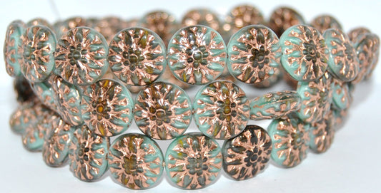 Round Flower Edelweiss Pressed Glass Beads, Mix Gray Mint Copper Lined (475149125-54200), Glass, Czech Republic