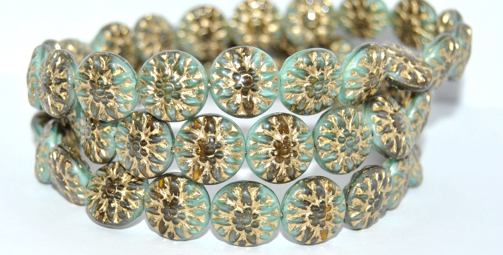 Round Flower Edelweiss Pressed Glass Beads, Mix Gray Mint Gold Lined (475149125-54202), Glass, Czech Republic