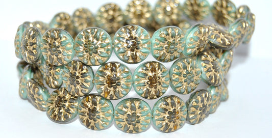 Round Flower Edelweiss Pressed Glass Beads, Mix Gray Mint Gold Lined (475149125-54202), Glass, Czech Republic