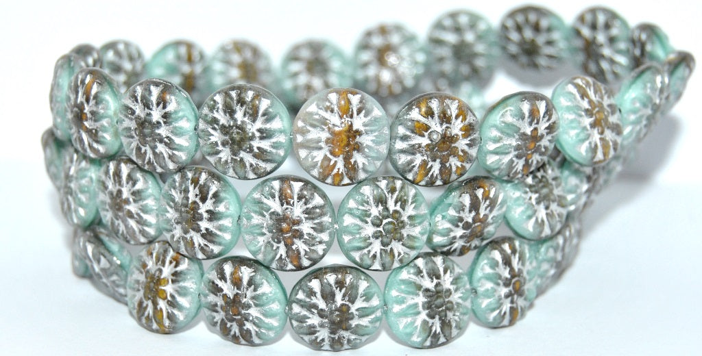 Round Flower Edelweiss Pressed Glass Beads, Mix Gray Mint Silver Lined (475149125-54201), Glass, Czech Republic