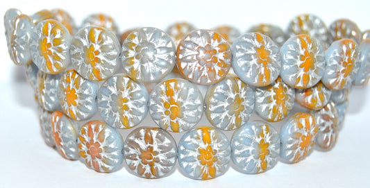 Round Flower Edelweiss Pressed Glass Beads, 43019126 Silver Lined (43019126-54201), Glass, Czech Republic