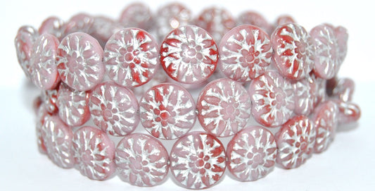 Round Flower Edelweiss Pressed Glass Beads, 730193200 Silver Lined (730193200-54201), Glass, Czech Republic