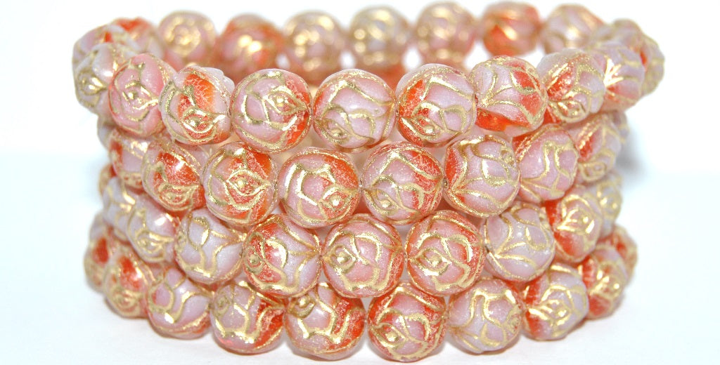 Round Rose Pressed Glass Beads, Transparent Orange Gold Lined (900402010-54202), Glass, Czech Republic