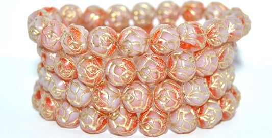 Round Rose Pressed Glass Beads, Transparent Orange Gold Lined (900402010-54202), Glass, Czech Republic