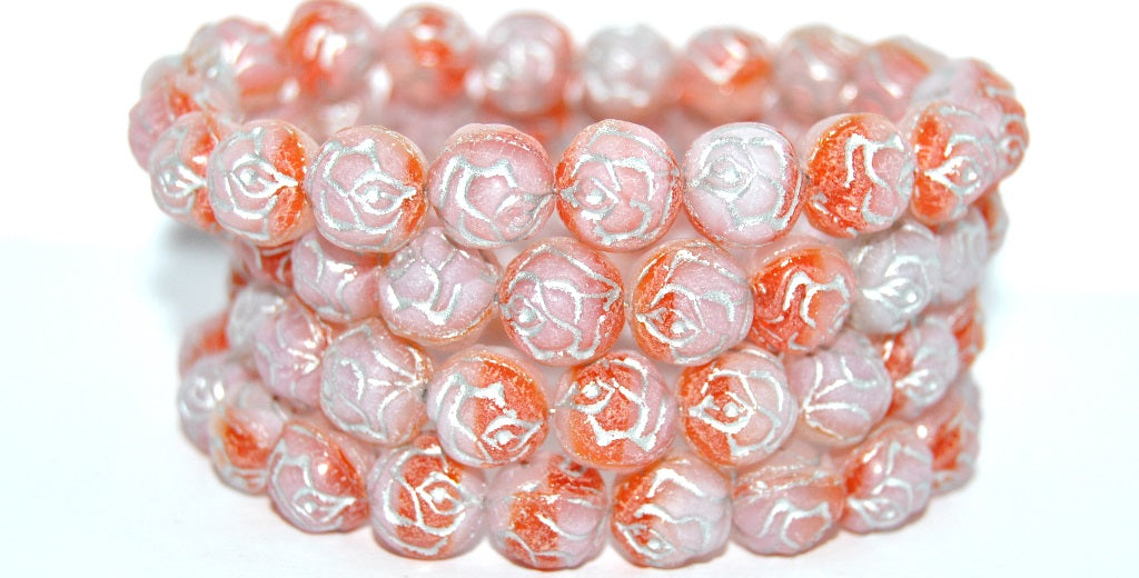 Round Rose Pressed Glass Beads, Transparent Orange Silver Lined (900402010-54201), Glass, Czech Republic