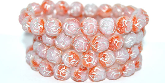 Round Rose Pressed Glass Beads, Transparent Orange Silver Lined (900402010-54201), Glass, Czech Republic