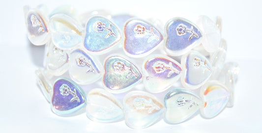 Heart Pressed Glass Beads With Flower, Crystal Ab 2Xside (00030-AB-2XSIDE), Glass, Czech Republic