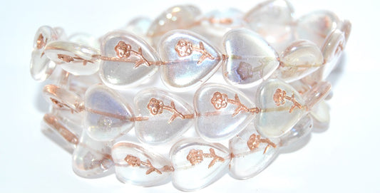 Heart Pressed Glass Beads With Flower, Crystal Copper Lined Ab 2Xside (00030-54200-AB-2XSIDE), Glass, Czech Republic