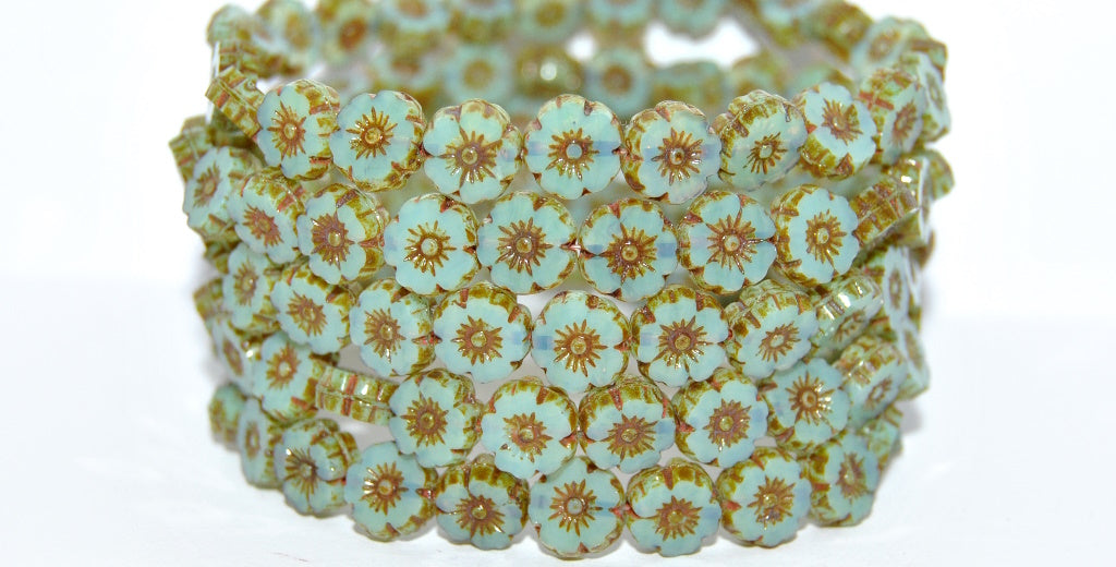 Table Cut Round Beads Hawaii Flowers, Opal Aqua Travertin (61010-86800), Glass, Czech Republic