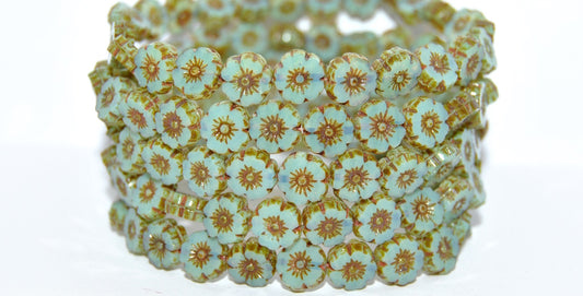Table Cut Round Beads Hawaii Flowers, Opal Aqua Travertin (61010-86800), Glass, Czech Republic