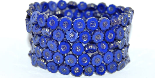 Table Cut Round Beads Hawaii Flowers, Rich Blue Luster Red Full Coated (33060-14495), Glass, Czech Republic