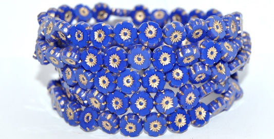 Table Cut Round Beads Hawaii Flowers, Rich Blue Gold Lined (33060-54202), Glass, Czech Republic