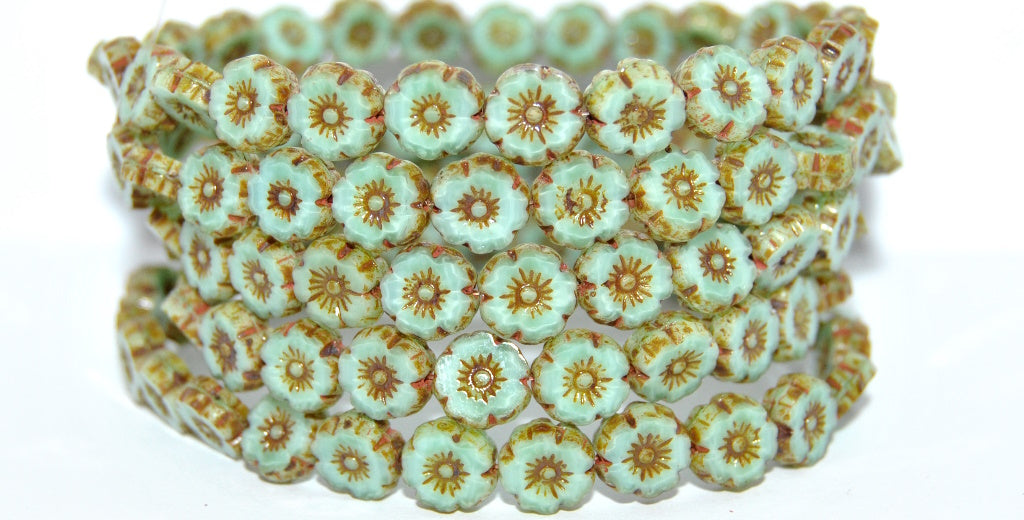 Table Cut Round Beads Hawaii Flowers, Opaque Green Travertin (54120-86800), Glass, Czech Republic
