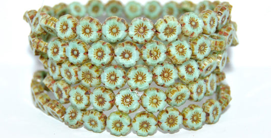 Table Cut Round Beads Hawaii Flowers, Opaque Green Travertin (54120-86800), Glass, Czech Republic
