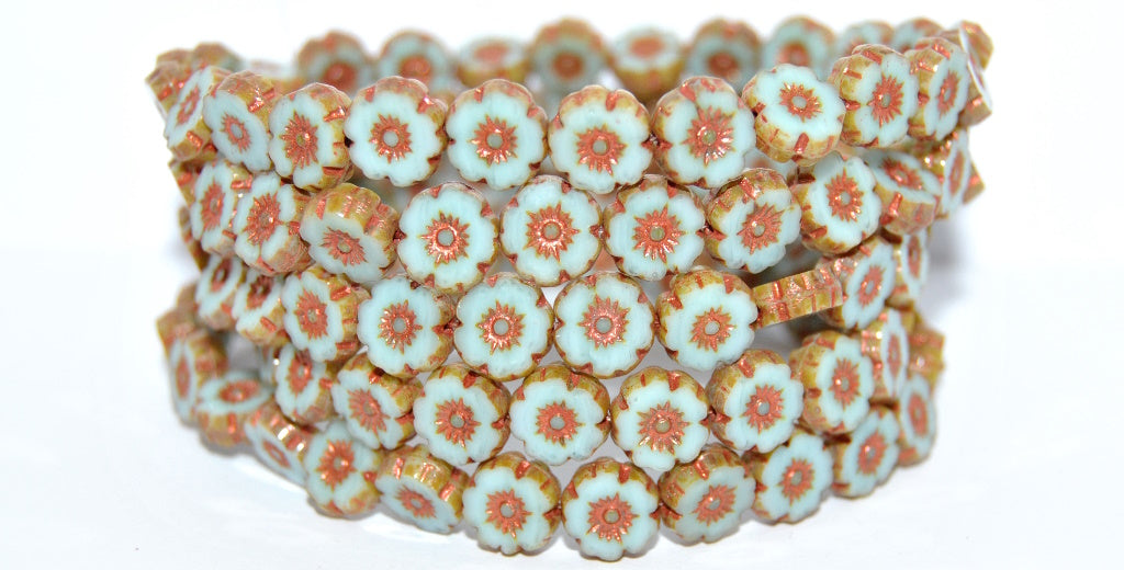 Table Cut Round Beads Hawaii Flowers, Blue 86 55307 (63010-86-55307), Glass, Czech Republic