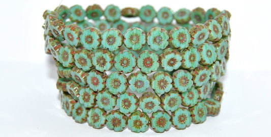 Table Cut Round Beads Hawaii Flowers, Turquoise Travertin (63130-86800), Glass, Czech Republic