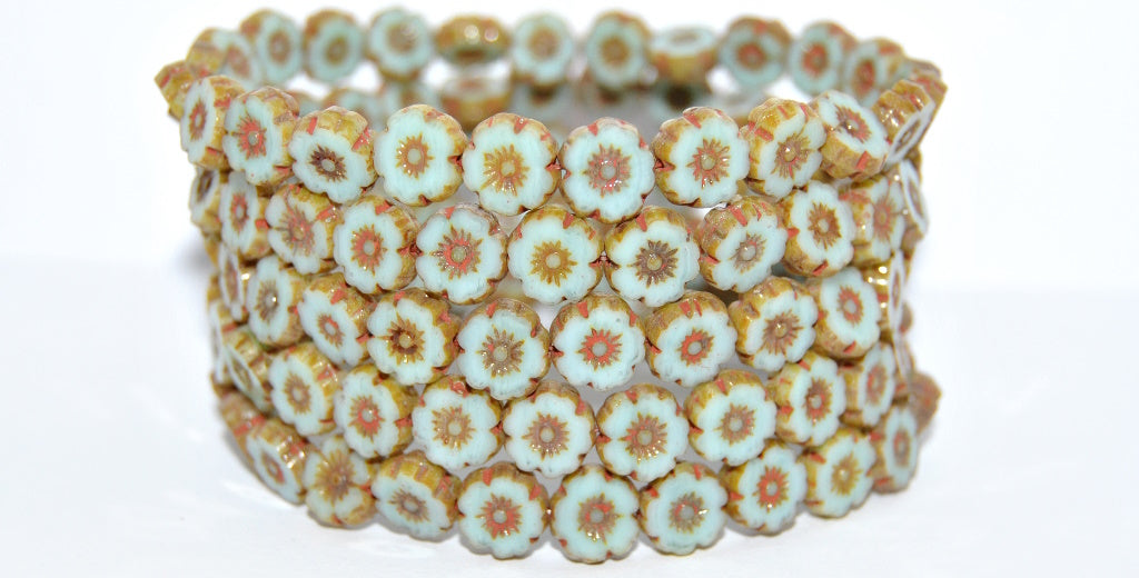Table Cut Round Beads Hawaii Flowers, Blue Travertin (63010-86800), Glass, Czech Republic