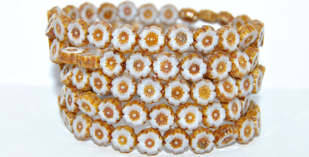 Table Cut Round Beads Hawaii Flowers, 24010 Travertin (24010-86800), Glass, Czech Republic