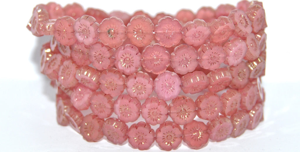 Table Cut Round Beads Hawaii Flowers, Opal Pink Luster Red Full Coated (71010-14495), Glass, Czech Republic