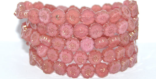 Table Cut Round Beads Hawaii Flowers, Opal Pink Luster Red Full Coated (71010-14495), Glass, Czech Republic
