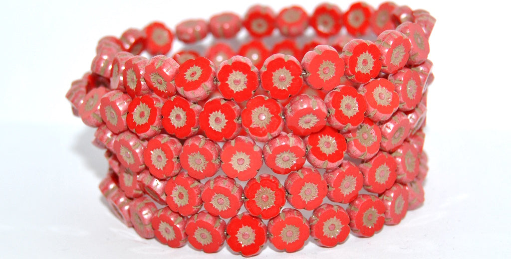Table Cut Round Beads Hawaii Flowers, Red Hematite Brown Lined (93190-14400-46410), Glass, Czech Republic