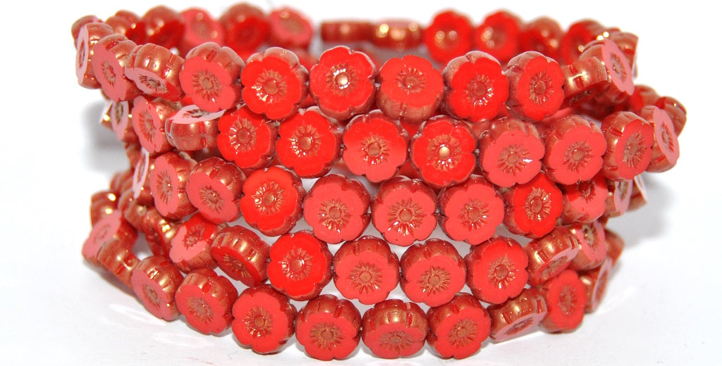 Table Cut Round Beads Hawaii Flowers, Red Bronze Matte (93190-14415-M), Glass, Czech Republic