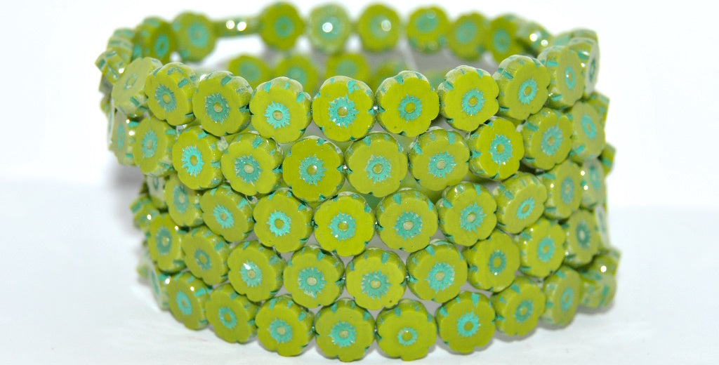 Table Cut Round Beads Hawaii Flowers, Opaque Green Hematite Green Lined (53400-14400-46450), Glass, Czech Republic