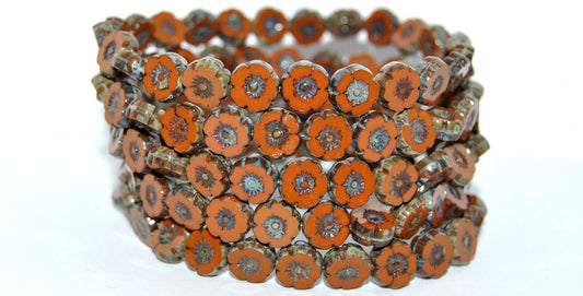 Table Cut Round Beads Hawaii Flowers, Opaque Brown Picasso (13600-43400), Glass, Czech Republic