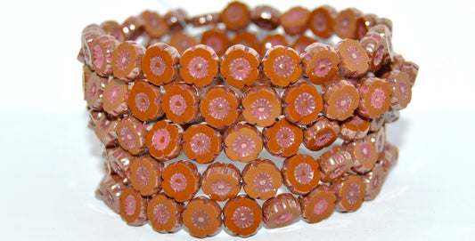 Table Cut Round Beads Hawaii Flowers, Opaque Brown Rembrandt Travertin Purple Lined (13610-43500-46420), Glass, Czech Republic