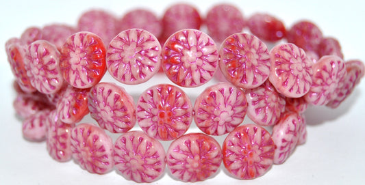 Round Flower Edelweiss Pressed Glass Beads, 730193200 Pink Lined Metalic (730193200-43807-METALIC), Glass, Czech Republic