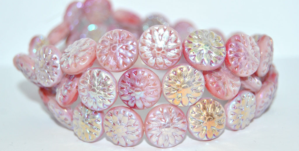 Round Flower Edelweiss Pressed Glass Beads, 730193200 Ab 2Xside (730193200-AB-2XSIDE), Glass, Czech Republic