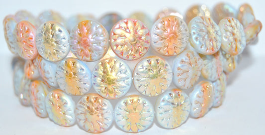 Round Flower Edelweiss Pressed Glass Beads, 43019126 Ab 2Xside (43019126-AB-2XSIDE), Glass, Czech Republic