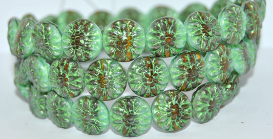 Round Flower Edelweiss Pressed Glass Beads, Mix Gray Mint 43813 Metalic (475149125-43813-METALIC), Glass, Czech Republic