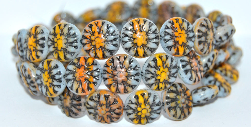 Round Flower Edelweiss Pressed Glass Beads, 43019126 43815 Metalic (43019126-43815-METALIC), Glass, Czech Republic