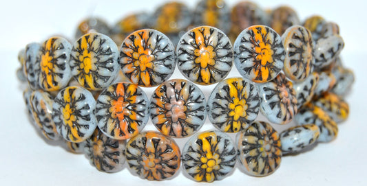 Round Flower Edelweiss Pressed Glass Beads, 43019126 43815 Metalic (43019126-43815-METALIC), Glass, Czech Republic