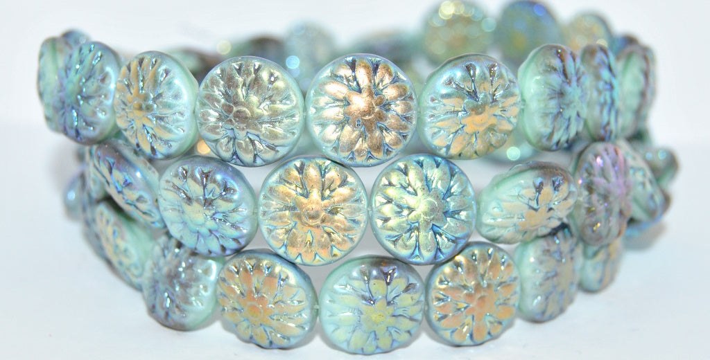 Round Flower Edelweiss Pressed Glass Beads, Mix Gray Mint Ab 2Xside (475149125-AB-2XSIDE), Glass, Czech Republic