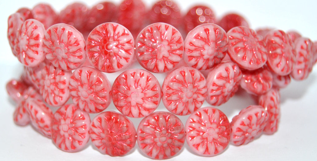 Round Flower Edelweiss Pressed Glass Beads, 730193200 Red Lined Metalic (730193200-43808-METALIC), Glass, Czech Republic