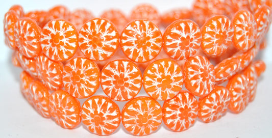 Round Flower Edelweiss Pressed Glass Beads, Deep Orange  43801 Metalic (93140-43801-METALIC), Glass, Czech Republic