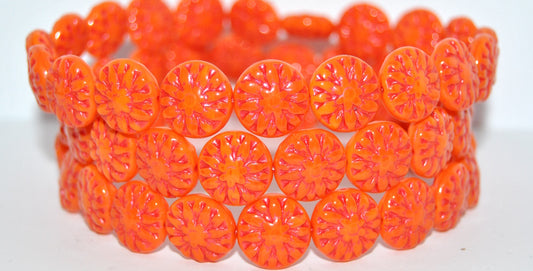 Round Flower Edelweiss Pressed Glass Beads, Deep Orange  Red Lined Metalic (93140-43808-METALIC), Glass, Czech Republic