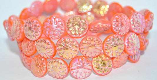 Round Flower Edelweiss Pressed Glass Beads, Deep Orange  Ab 2Xside (93140-AB-2XSIDE), Glass, Czech Republic