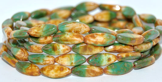 Boat Oval Pressed Glass Beads, Opal Emerald Stain Strong (520502010-86805), Glass, Czech Republic