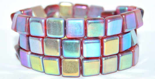 Flat Square Pressed Glass Beads, Mixed Colors Red Ab 2Xside (MIX-RED-AB-2XSIDE), Glass, Czech Republic