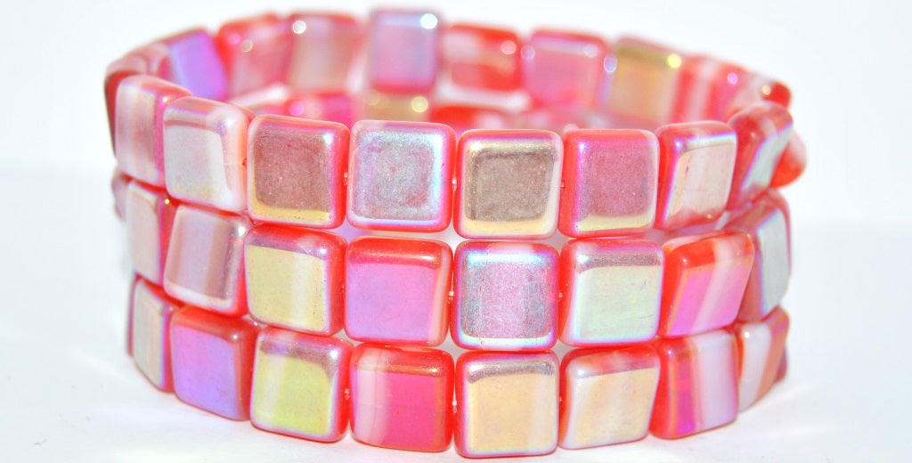 Flat Square Pressed Glass Beads, Mixed Colors Orange Ab 2Xside (MIX-ORANGE-AB-2XSIDE), Glass, Czech Republic